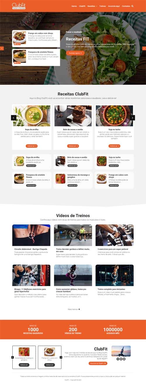 Modelo de site com blog de receitas de comidas fitness, culinária ou gastronomia Modelo de site com blog de receitas de comidas fitness, culinária ou gastronomia